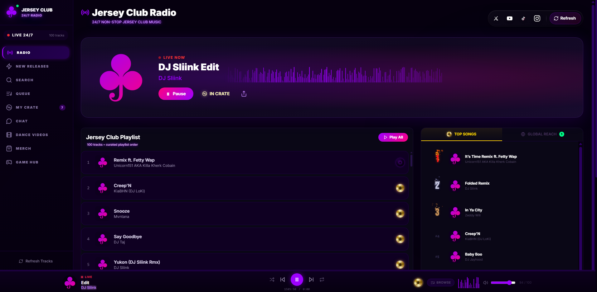 Jersey Club Radio — full desktop dashboard